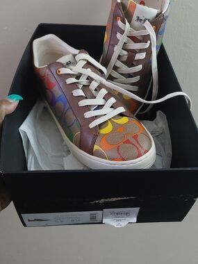 Coach Multicolor Rainbow Logo Low-Top Sneakers with Brown Accents